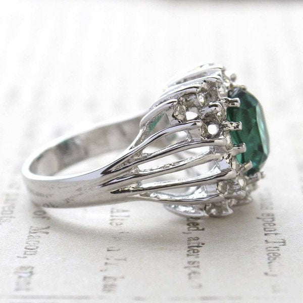 Vintage Emerald and Clear Crystal Cocktail Ring - 18kt White Gold Electroplate - Made in USA jewelry image 1