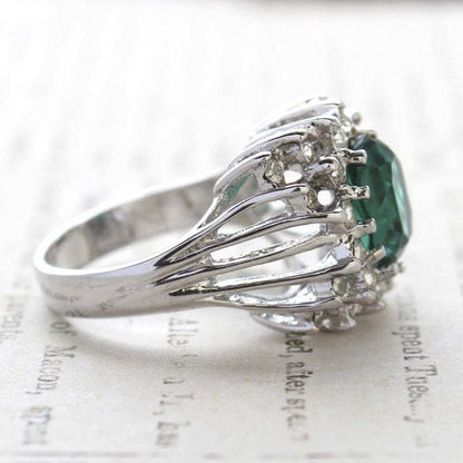 Vintage Emerald and Clear Crystal Cocktail Ring - 18kt White Gold Electroplate - Made in USA jewelry image 1