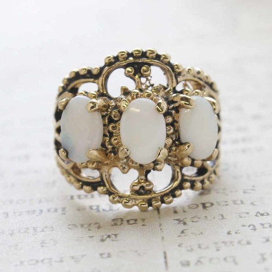 Vintage Genuine Opal Three-Stone Cocktail Ring in 18kt Yellow Gold Electroplate jewelry image 1