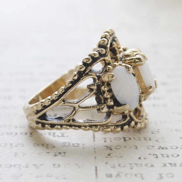 Vintage Genuine Opal Three-Stone Cocktail Ring in 18kt Yellow Gold Electroplate jewelry image 1