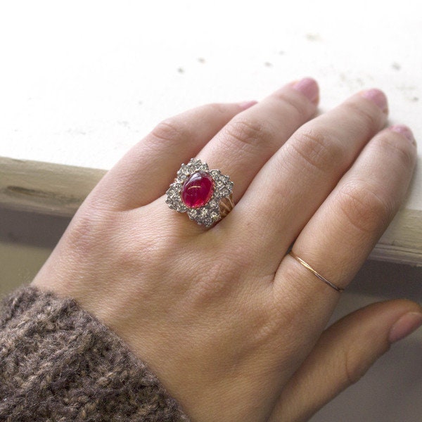 Vintage Ruby Crystal Cabochon Cocktail Ring with Clear Austrian Crystals – 18kt Yellow Gold Electroplate jewelry image 1