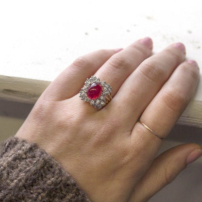 Vintage Ruby Crystal Cabochon Cocktail Ring with Clear Austrian Crystals – 18kt Yellow Gold Electroplate jewelry image 1
