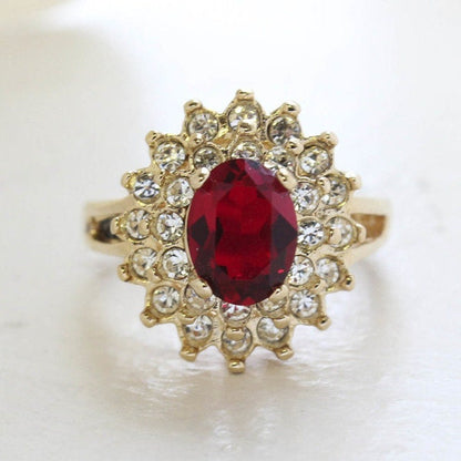 Vintage Ruby and Clear Austrian Crystal Cocktail Ring – 18kt Yellow Gold Electroplated jewelry image 1