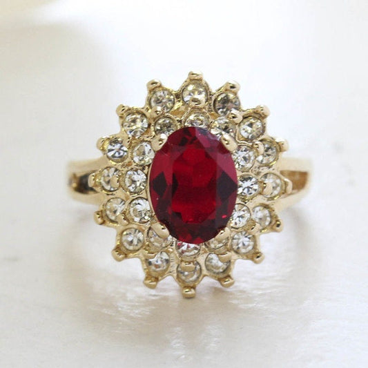 Vintage Ruby and Clear Austrian Crystal Cocktail Ring – 18kt Yellow Gold Electroplated jewelry image 1