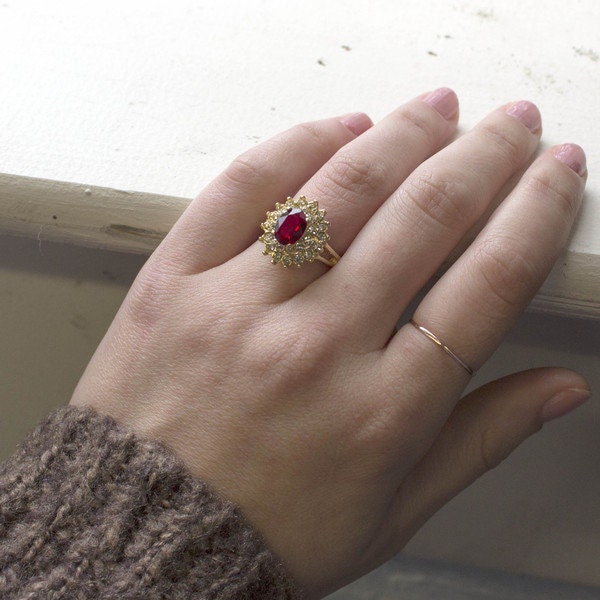 Vintage Ruby and Clear Austrian Crystal Cocktail Ring – 18kt Yellow Gold Electroplated jewelry image 1