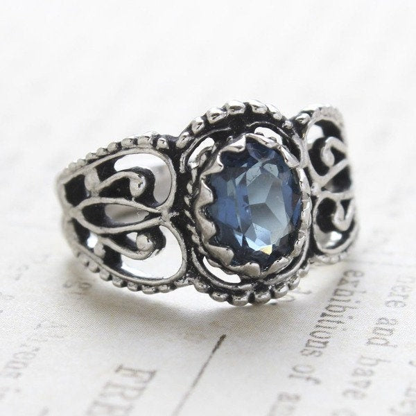 Vintage Sapphire Austrian Crystal Filigree Ring – Antiqued 18k White Gold Electroplated – Made in USA jewelry image 1