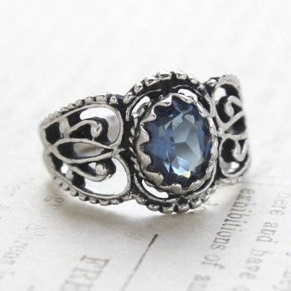 Vintage Sapphire Austrian Crystal Filigree Ring – Antiqued 18k White Gold Electroplated – Made in USA jewelry image 1