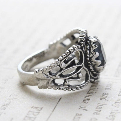 Vintage Sapphire Austrian Crystal Filigree Ring – Antiqued 18k White Gold Electroplated – Made in USA jewelry image 1