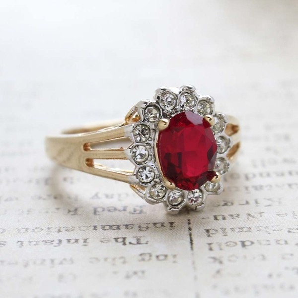 Vintage Ruby and Clear Austrian Crystal Birthstone Ring – 18kt Yellow Gold Electroplate jewelry image 1