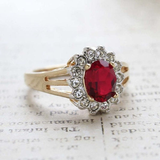 Vintage Ruby and Clear Austrian Crystal Birthstone Ring – 18kt Yellow Gold Electroplate jewelry image 1
