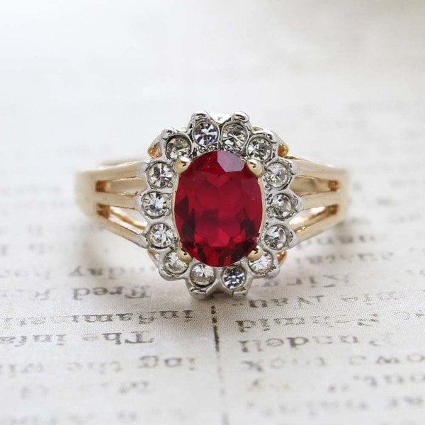 Vintage Ruby and Clear Austrian Crystal Birthstone Ring – 18kt Yellow Gold Electroplate jewelry image 1