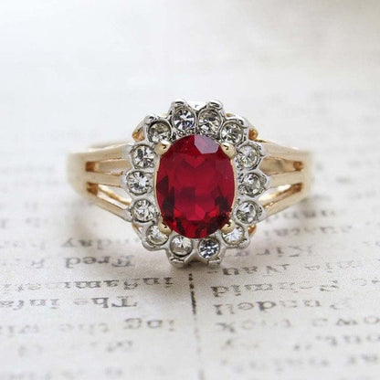 Vintage Ruby and Clear Austrian Crystal Birthstone Ring – 18kt Yellow Gold Electroplate jewelry image 1