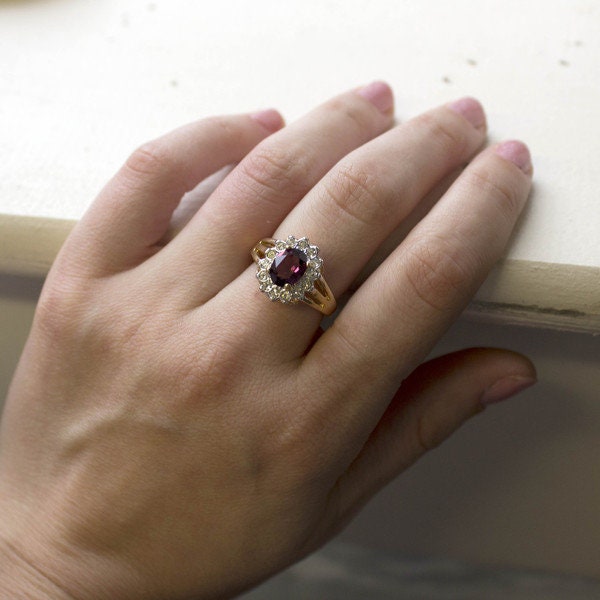 Vintage Amethyst and Clear Austrian Crystal Birthstone Ring - 18kt HGE Gold Electroplated, Made in USA jewelry image 1