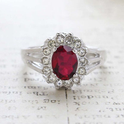 Vintage Ruby and Clear Austrian Crystal 18k White Gold Electroplated Ring Made in USA jewelry image 1