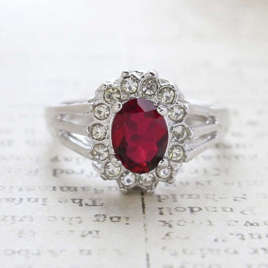 Vintage Ruby and Clear Austrian Crystal 18k White Gold Electroplated Ring Made in USA jewelry image 1
