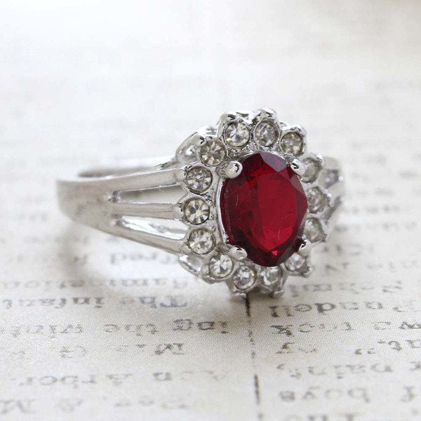 Vintage Ruby and Clear Austrian Crystal 18k White Gold Electroplated Ring Made in USA jewelry image 1