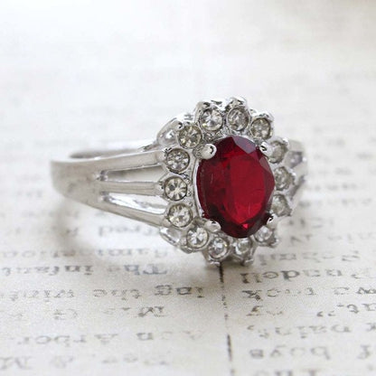 Vintage Ruby and Clear Austrian Crystal 18k White Gold Electroplated Ring Made in USA jewelry image 1