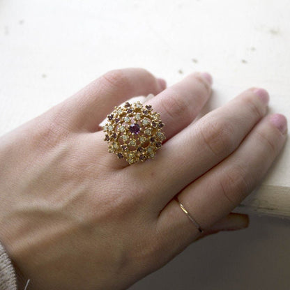 Vintage Smokey Topaz Crystal and Pinfire Opal Burst Ring – 18k Yellow Gold Electroplated, Made in USA jewelry image 1
