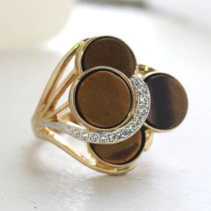 Genuine Tiger Eye Cocktail Ring with Austrian Crystals – 18k Yellow Gold Electroplated Setting jewelry image 1