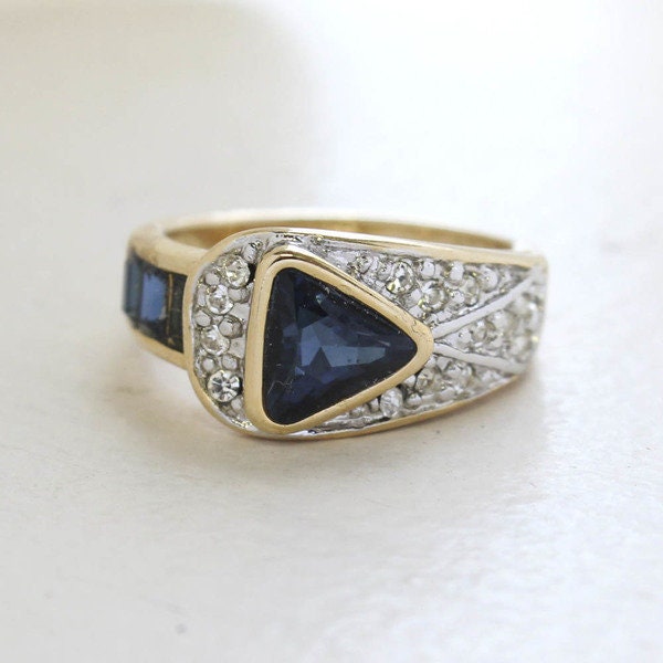 Vintage Sapphire and Clear Crystal Pavé Ring - 18KT HGE Gold Electroplated, Made in USA jewelry image 1