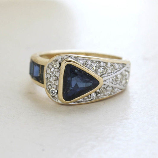 Vintage Sapphire and Clear Crystal Pavé Ring - 18KT HGE Gold Electroplated, Made in USA jewelry image 1