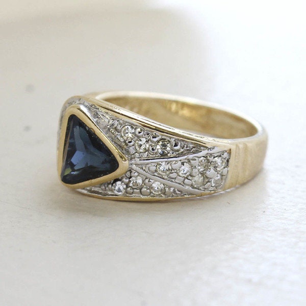 Vintage Sapphire and Clear Crystal Pavé Ring - 18KT HGE Gold Electroplated, Made in USA jewelry image 1