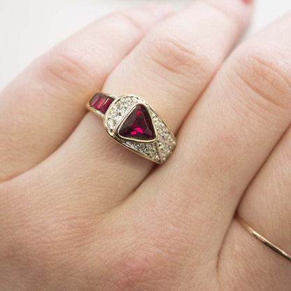 Vintage Ruby and Clear Crystal Pavé Ring – 18KT HGE Gold Electroplated, Made in USA jewelry image 1