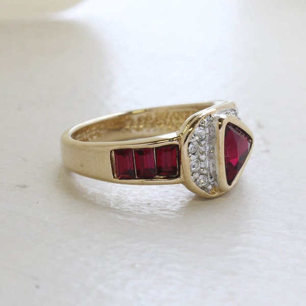 Vintage Ruby and Clear Crystal Pavé Ring – 18KT HGE Gold Electroplated, Made in USA jewelry image 1