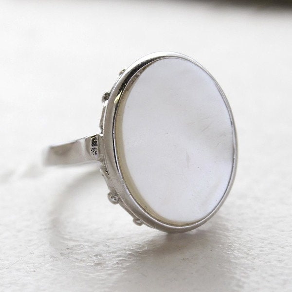Vintage Mother of Pearl 18kt White Gold Electroplated Cocktail Ring - Made in USA jewelry image 1