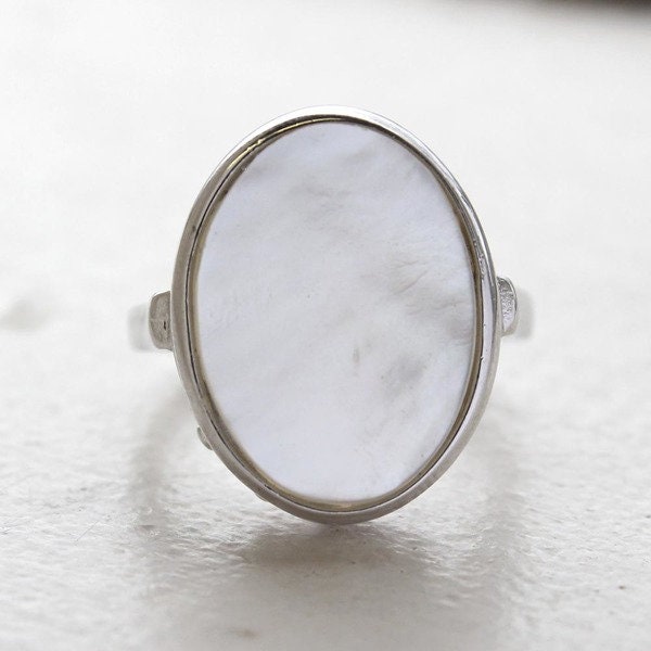 Vintage Mother of Pearl 18kt White Gold Electroplated Cocktail Ring - Made in USA jewelry image 1