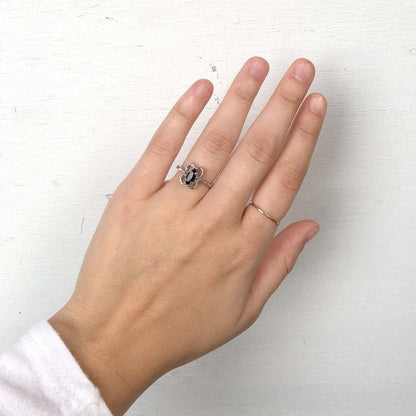 Vintage Marquise Cut Jet Black Austrian Crystal Cocktail Ring in 18k White Gold Electroplate jewelry image 1