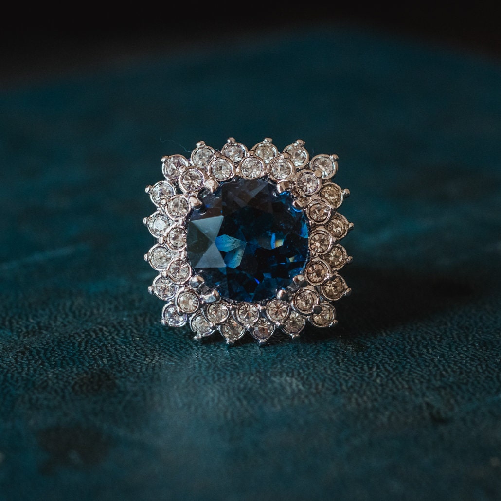 Vintage Sapphire & Clear Austrian Crystal Cluster Ring – 18k White Gold Plated, Made in USA jewelry image 1