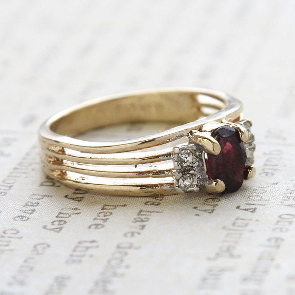 Vintage Garnet CZ and Clear Austrian Crystal Ring - 18kt Gold Electroplated - Made in USA jewelry image 1