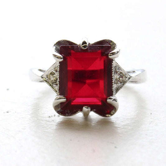 Vintage Emerald Cut Ruby Austrian Crystal 18kt White Gold Electroplated Cocktail Ring – July Birthstone Size 6 jewelry image 1