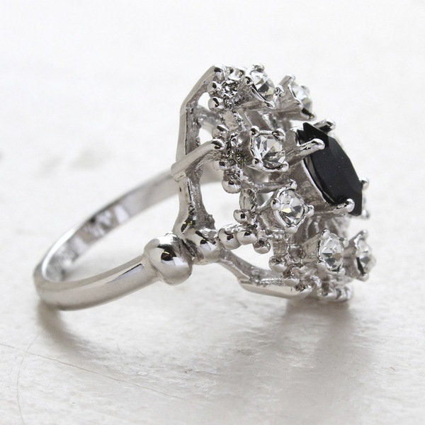 Vintage Marquise Cut Black Crystal Cocktail Ring with Clear Crystals - 18k White Gold Electroplated jewelry image 1