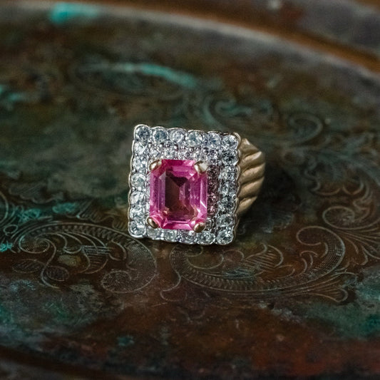 Vintage Pink Tourmaline and Clear Austrian Crystal Cocktail Ring - 18k Yellow Gold Electroplated jewelry image 1