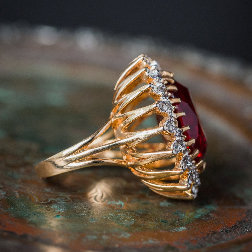 Vintage Ruby and Clear Austrian Crystal Cocktail Ring – 18k Gold Electroplated, Made in USA jewelry image 1