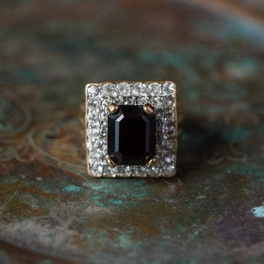 Vintage Black and Clear Austrian Crystal Cocktail Ring - 18k Yellow Gold Electroplated - Made in USA jewelry image 1