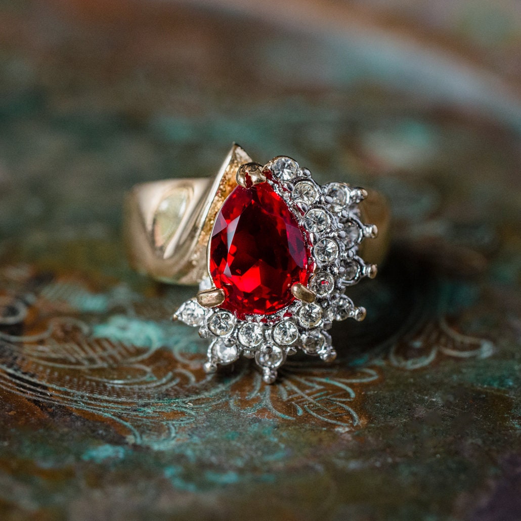 Vintage 1980s Ruby Cubic Zirconia and Clear Austrian Crystal Ring – 18kt Yellow Gold Electroplated jewelry image 1
