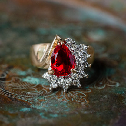 Vintage 1980s Ruby Cubic Zirconia and Clear Austrian Crystal Ring – 18kt Yellow Gold Electroplated jewelry image 1