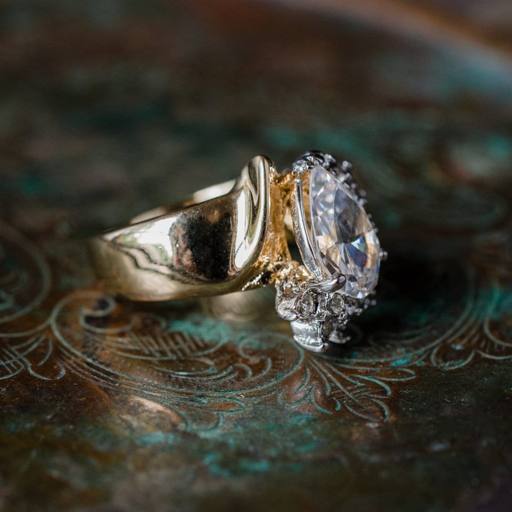 Vintage 1980s Clear Pear-Cut Cubic Zirconia and Austrian Crystal Two-Tone Ring - 18kt Yellow Gold Electroplated jewelry image 1