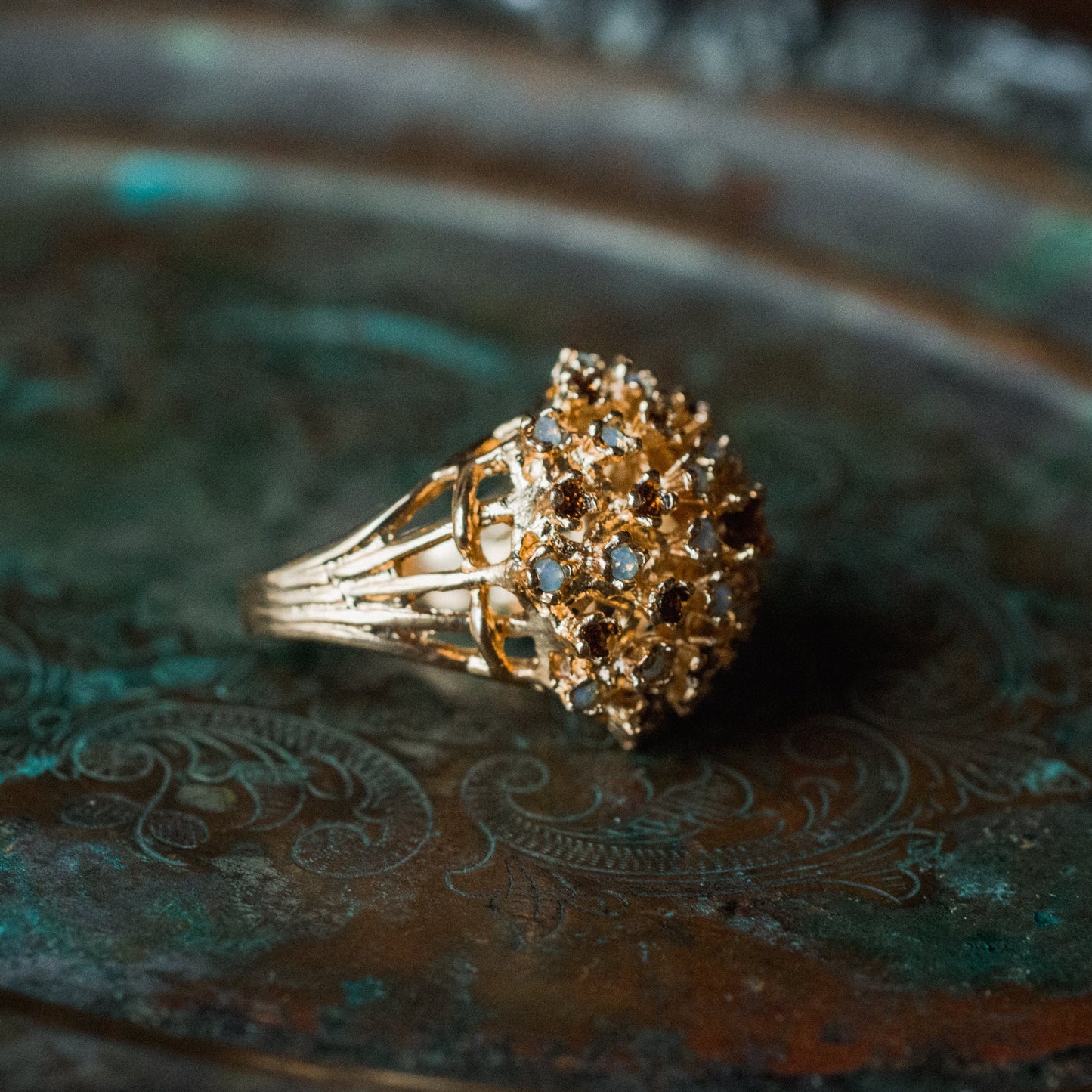 Vintage Smokey Topaz Crystal and Pinfire Opal Burst Ring – 18k Yellow Gold Electroplated, Made in USA jewelry image 1