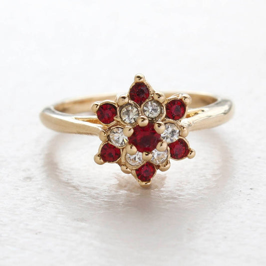 Vintage Ruby and Clear Austrian Crystal Star Ring - 18k Yellow Gold Electroplated - Made in USA jewelry image 1