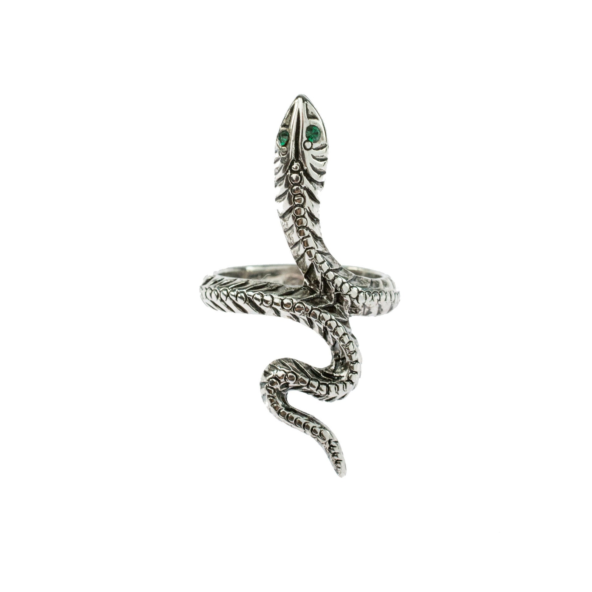 Vintage Snake Ring with Emerald Austrian Crystal Eyes – Antiqued 18k White Gold Electroplated jewelry image 1