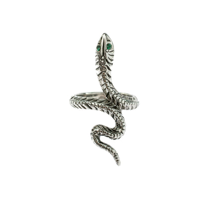 Vintage Snake Ring with Emerald Austrian Crystal Eyes – Antiqued 18k White Gold Electroplated jewelry image 1