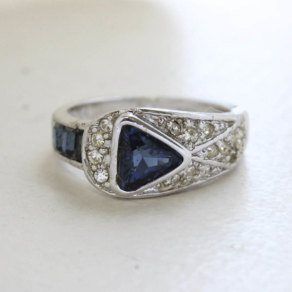 Vintage Sapphire and Clear Crystal Pavé Ring – 18kt White Gold Electroplated, Made in USA jewelry image 1