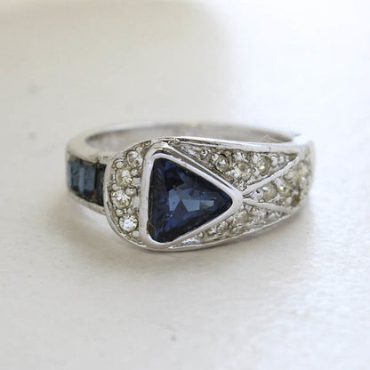 Vintage Sapphire and Clear Crystal Pavé Ring – 18kt White Gold Electroplated, Made in USA jewelry image 1