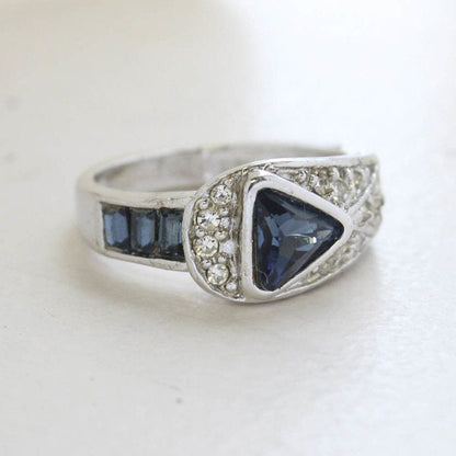 Vintage Sapphire and Clear Crystal Pavé Ring – 18kt White Gold Electroplated, Made in USA jewelry image 1