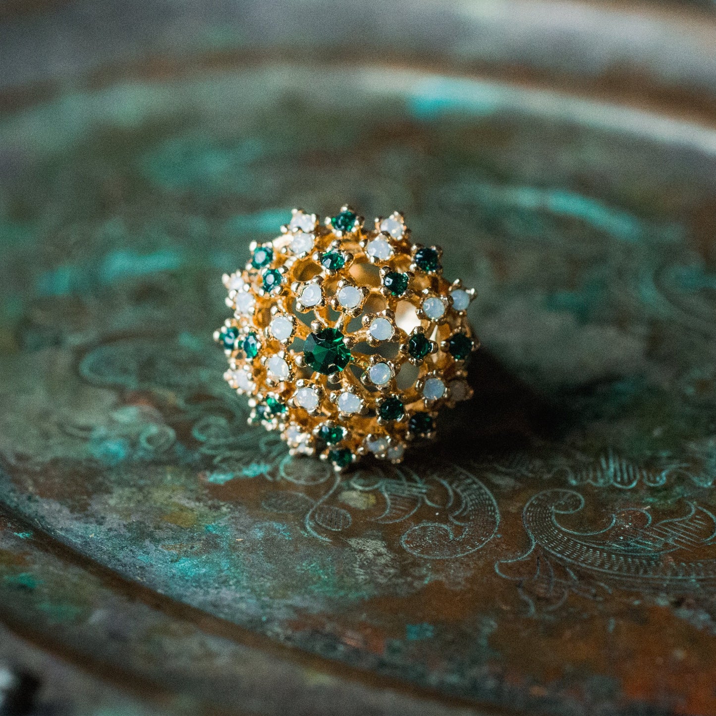 Vintage Tourmaline Crystal and Pinfire Opal Burst Ring - 18k Yellow Gold Electroplated - Made in USA jewelry image 1