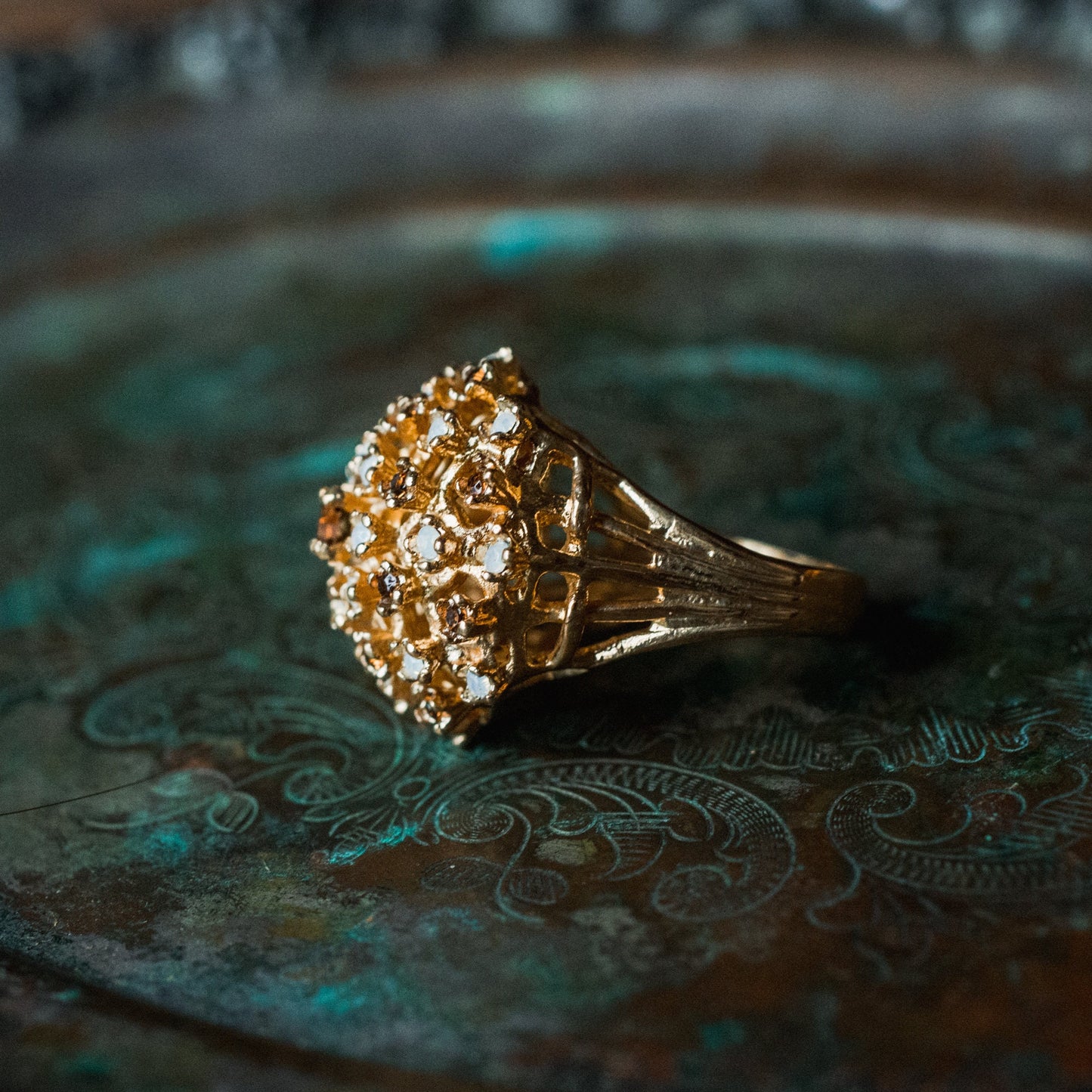 Vintage Smokey Topaz Crystal and Pinfire Opal Burst Ring – 18k Yellow Gold Electroplated, Made in USA jewelry image 1